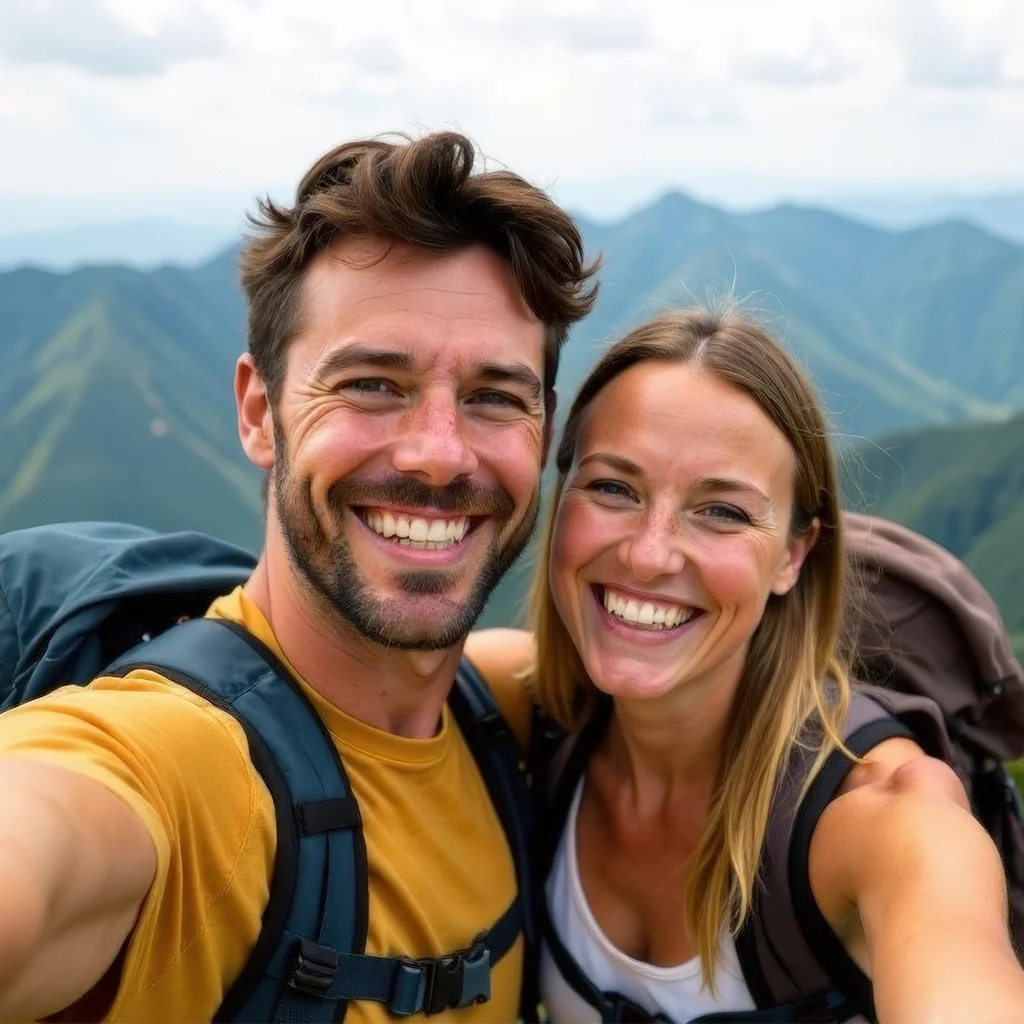 Happy couple smiling outdoors showcasing results of cosmetic dentistry treatment