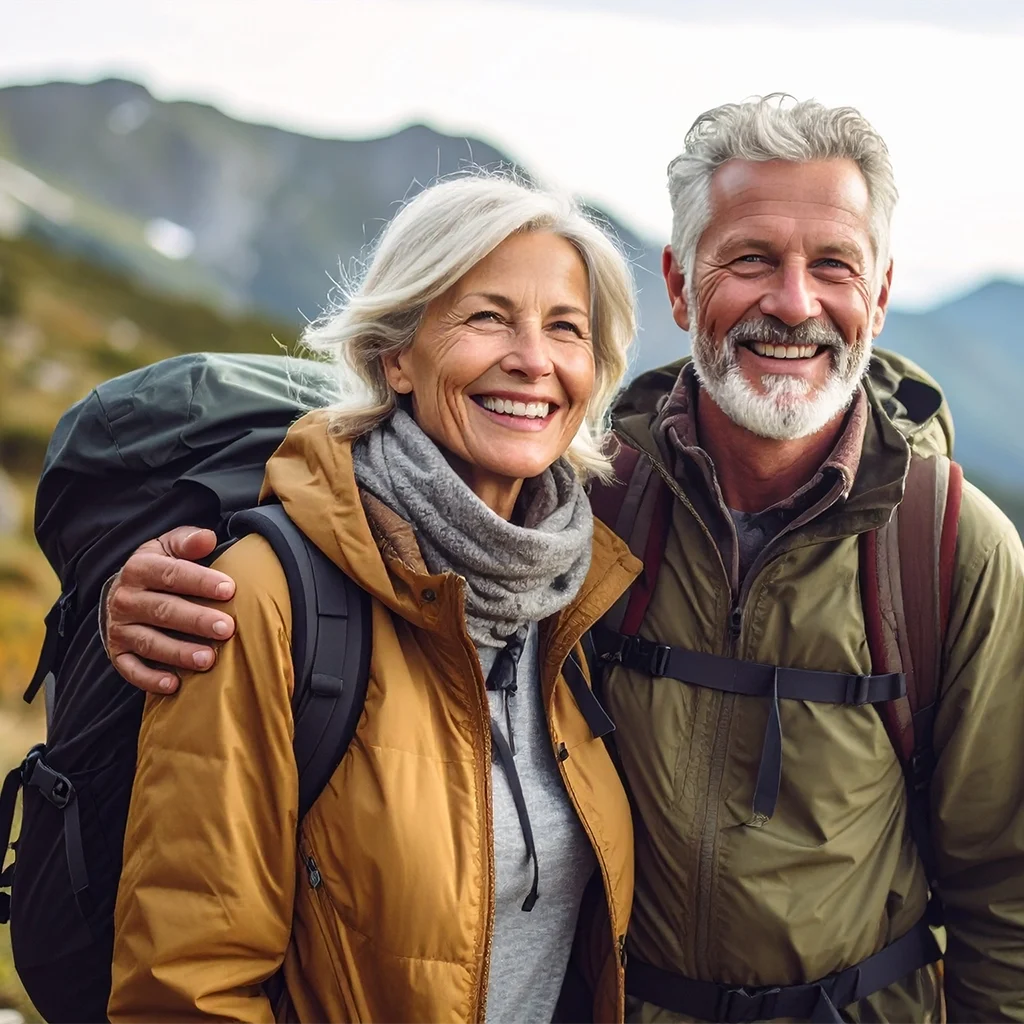 Smiling senior couple hiking with confidence after complete and partial dentures